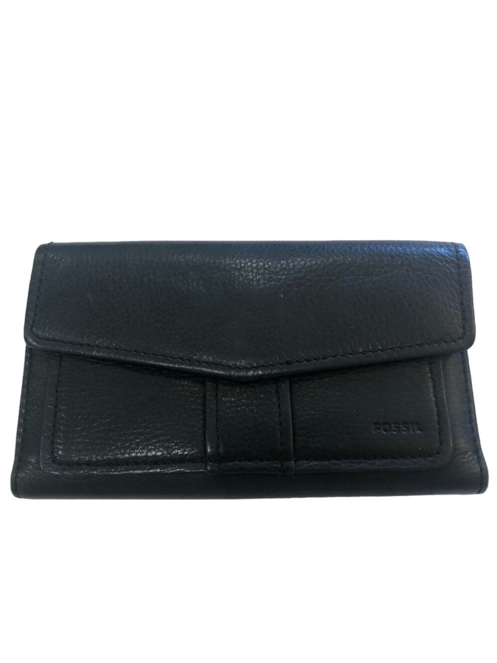 Fossil tri-fold wallet checkbook holder black leather card slots ID slot